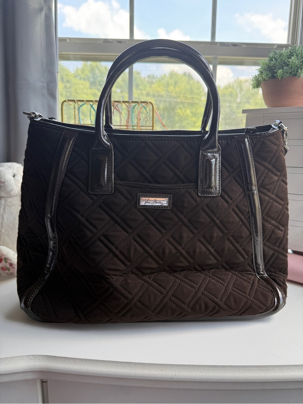 Vera Bradley Quilted Brown Tote with Patent Trim Handles